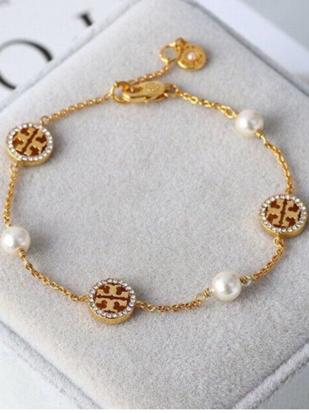 Tory Burch Miller Pearl Crystal Logo Station Bracelet Gold Bracelet NEW $129